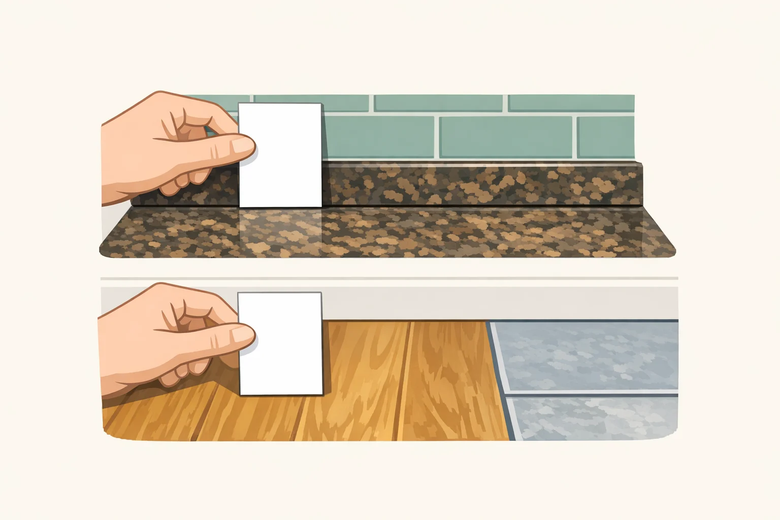 A paint swatch being held beside cool gray countertops and warm wood flooring to illustrate how neighboring finishes can make white paint look warmer or cooler