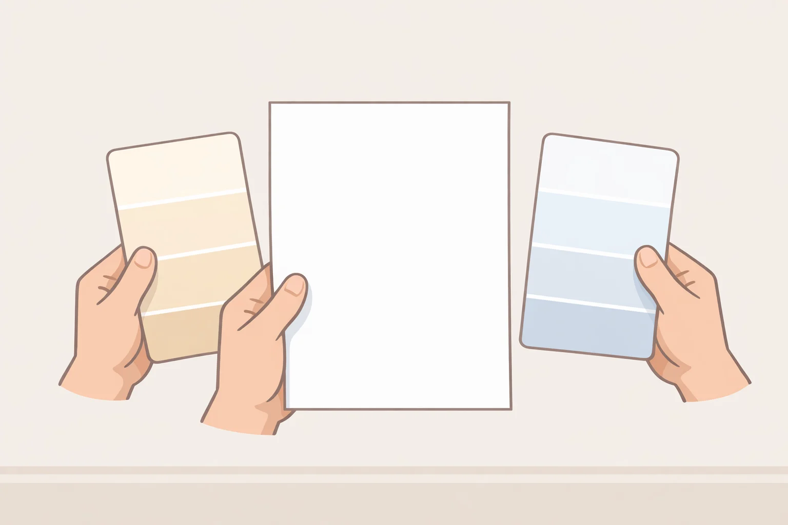 A person comparing warm and cool white paint swatches against plain white printer paper to understand how to choose the best white paint color by undertone