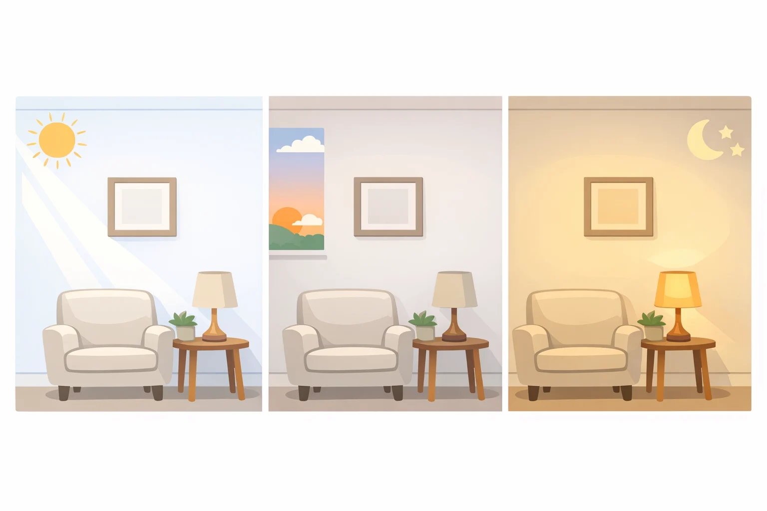 Two photos of the same room wall in different lighting conditions (daylight versus warm LED) showing how white paint undertones shift with the light