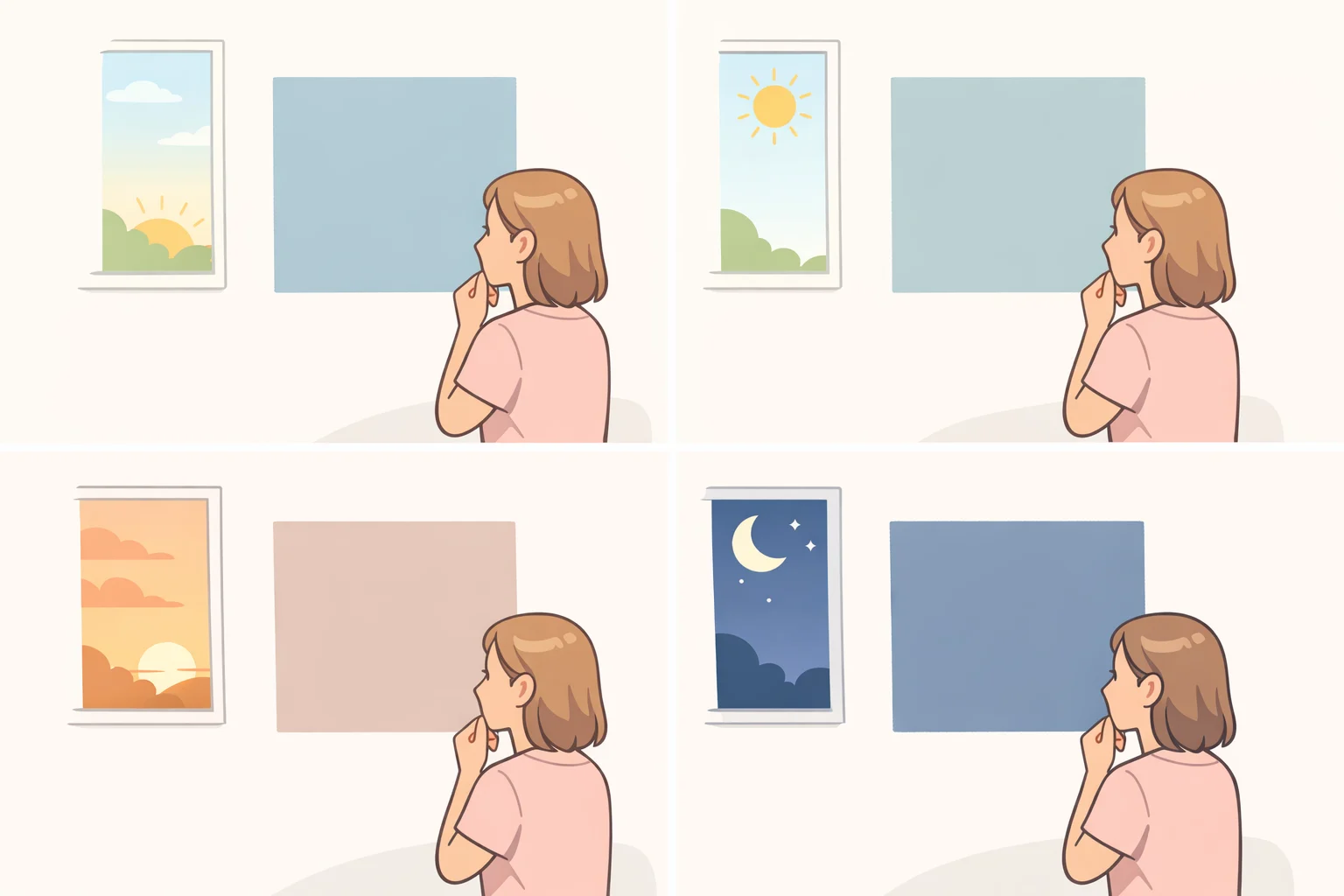 A wall panel with a fresh white paint sample photographed at 8 a.m., noon, 4 p.m., and 9 p.m. with lights on to compare undertone changes over time