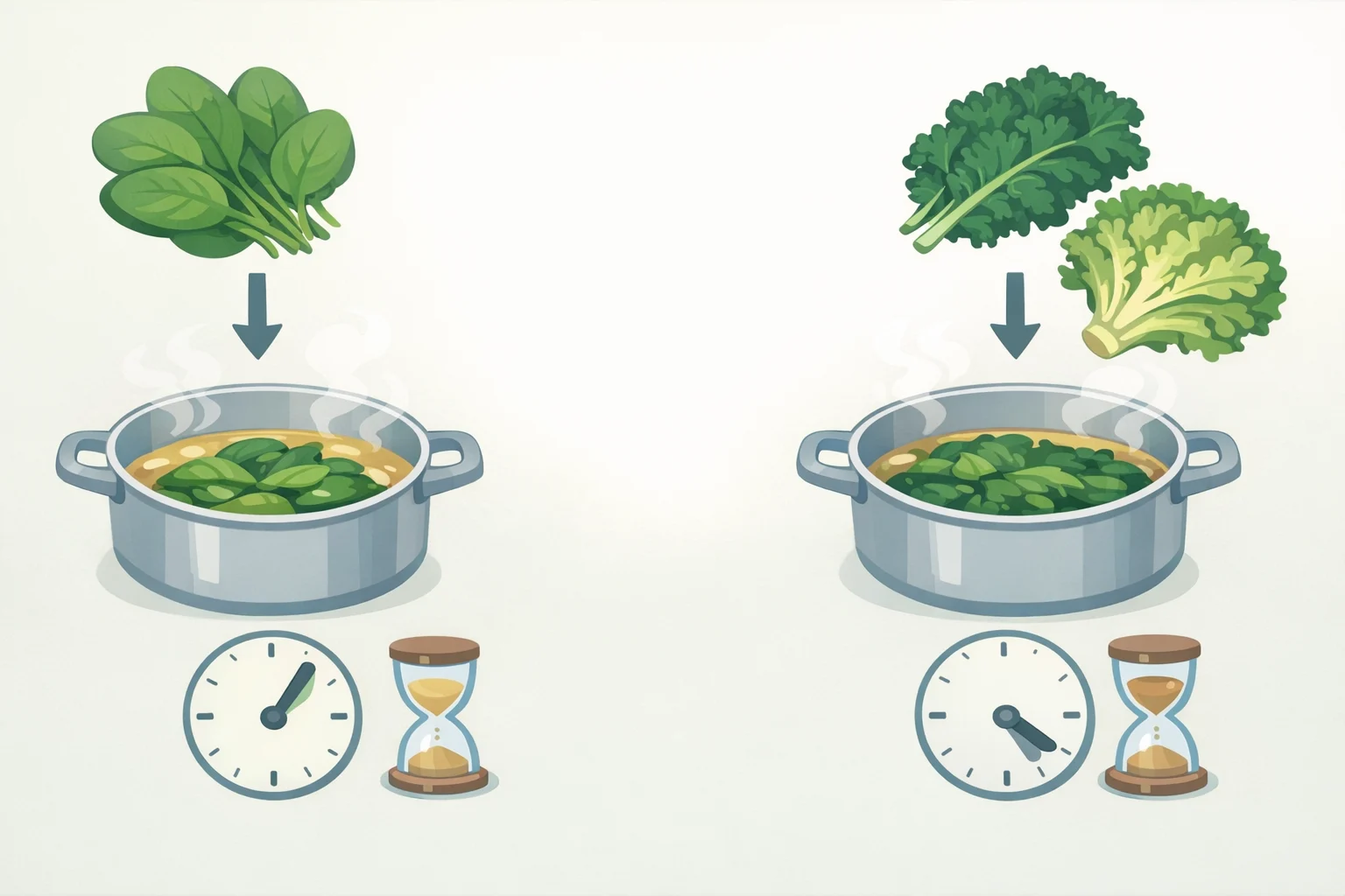 Comparison of baby spinach wilting quickly versus tougher kale or escarole needing extra time in the hot broth before the egg is streamed in