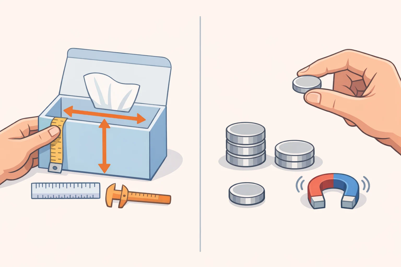 Checklist-style illustration showing the rear-panel compartment sizing for a smaller tissue box and a reminder that faceplate magnets are not included in the print files