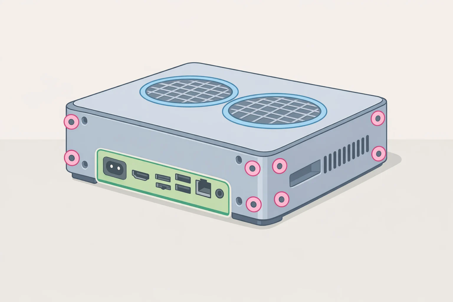 Diagram of the Steam Machine external shell STEP model (steam_machine_3d.stp) showing mounting locations, fan openings, and power button and rear I/O contours