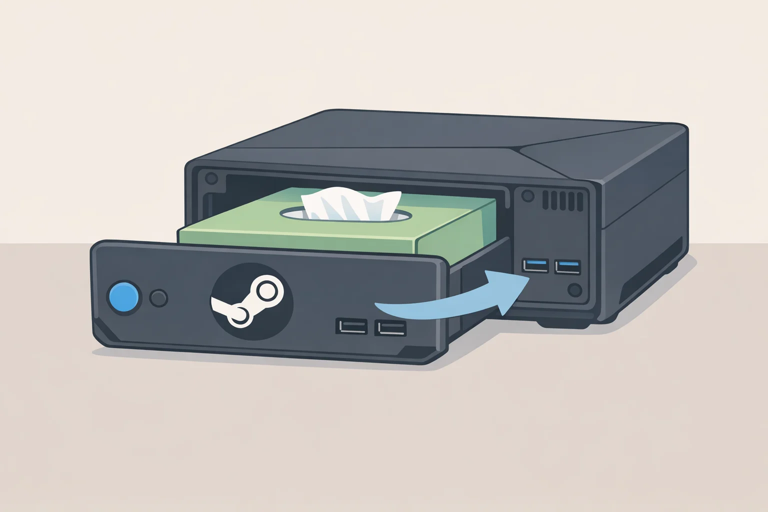 3D printed Steam Machine tissue box design with the clean front fascia and a smaller tissue box inserted through the rear panel
