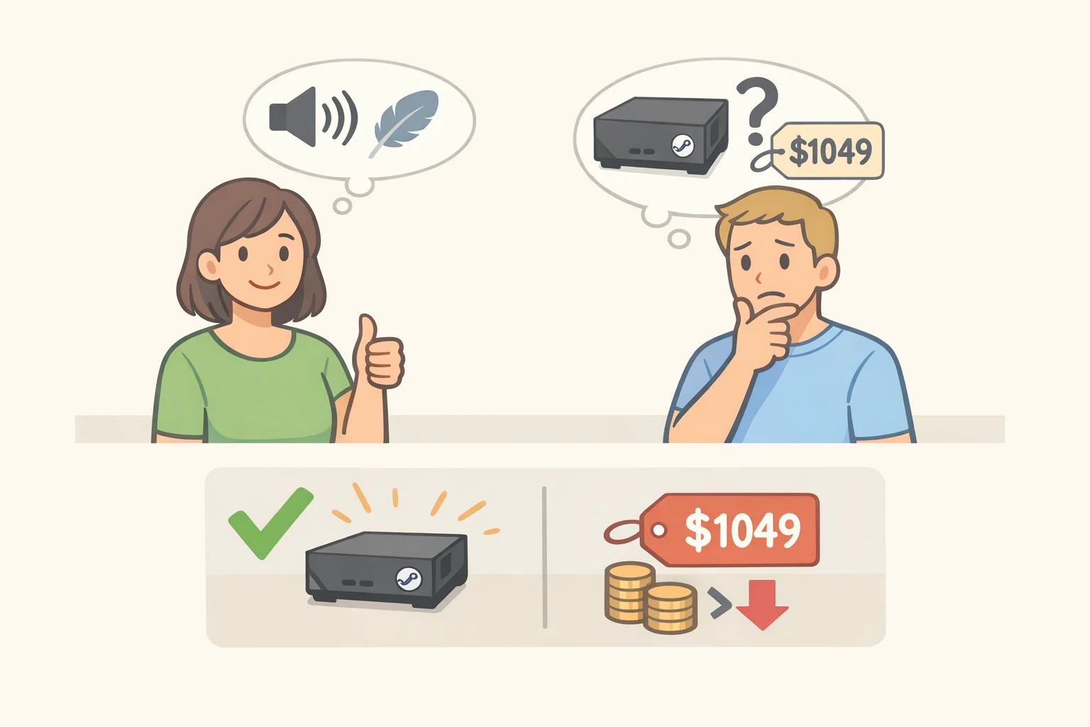 Comparison graphic summarizing review highlights that praised the compact, quiet Steam Machine design while questioning the $1,049 starting price and value