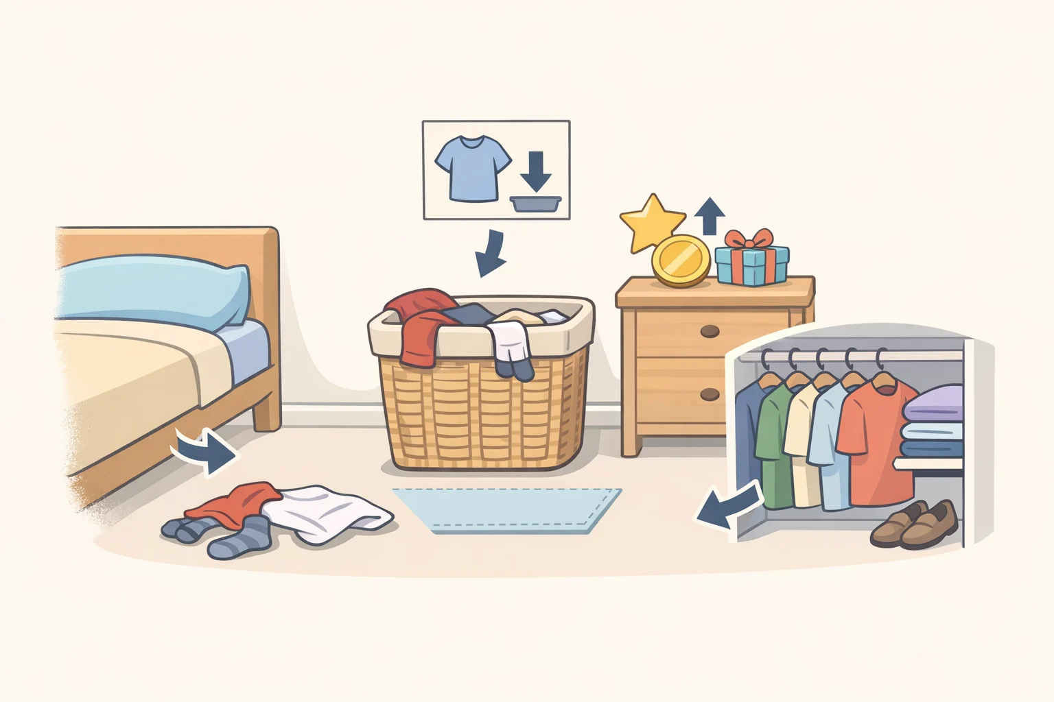Illustration of a clothing drop area featuring an open visible basket, nearby hooks, a small sticky-note prompt, a simple reward element, and a clearly designated fixed spot to reinforce consistent habits
