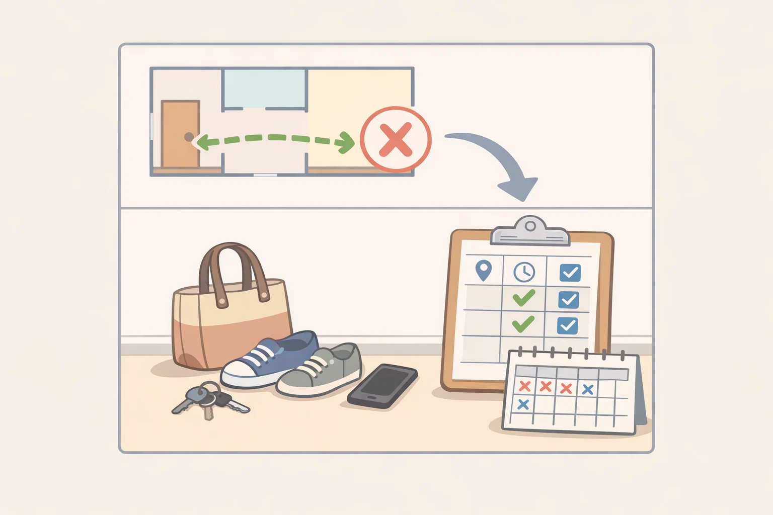 Illustration of a simple home-organization diagnosis sheet where someone records the recurring drop zone, the route taken, and the exact moment the item ends up on the floorsupporting how to organize your home around your habits