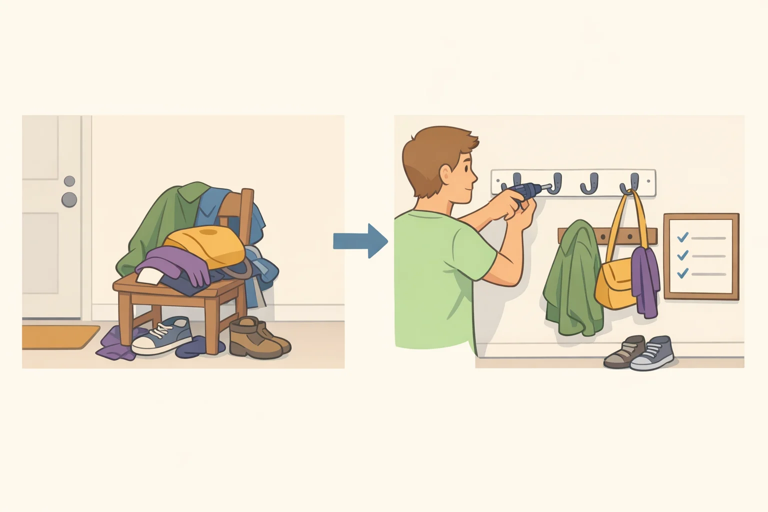Illustration of an entryway where coats are no longer piled on a chair; hooks are mounted inside the front door, a small kids' chart is added for rewards, and a rule sign states coats go on the hooks
