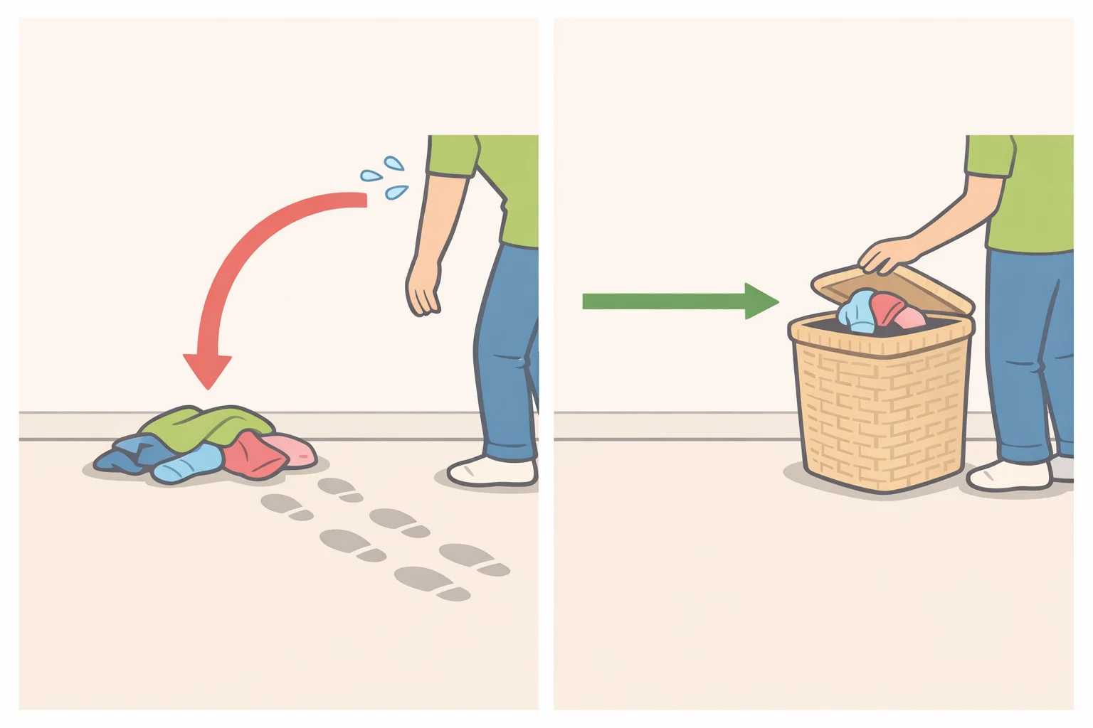 Illustration comparing two places to drop laundryone on the floor that requires no movement and one a few steps away with a lidshowing why the easier option wins and clutter returns to the same spot