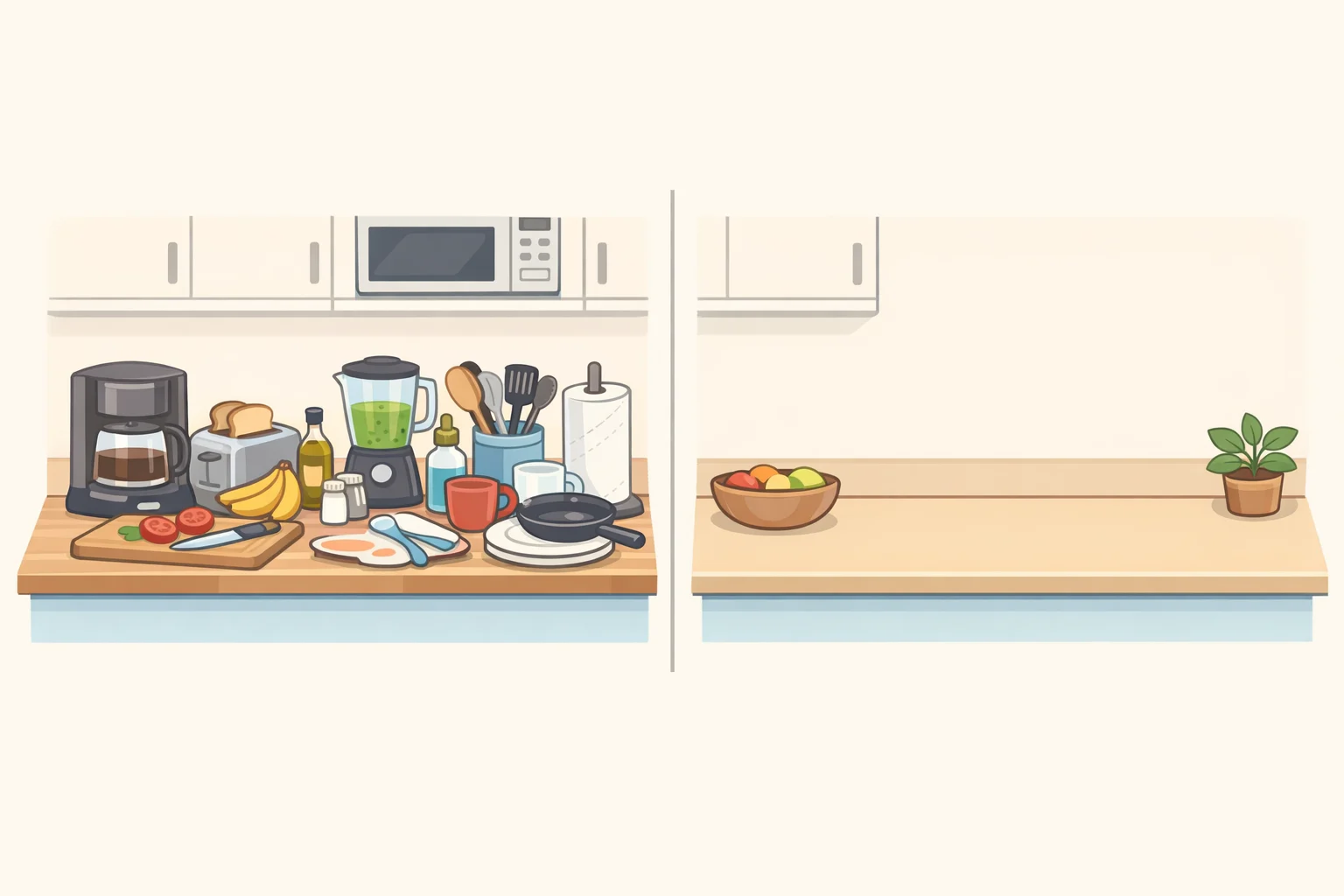 Before-and-after style image of a kitchen counter where only daily-use items are kept out and everything else is stored away—avoiding kitchen design mistakes that make your kitchen look cheap by removing visible clutter from the counters and open shelves