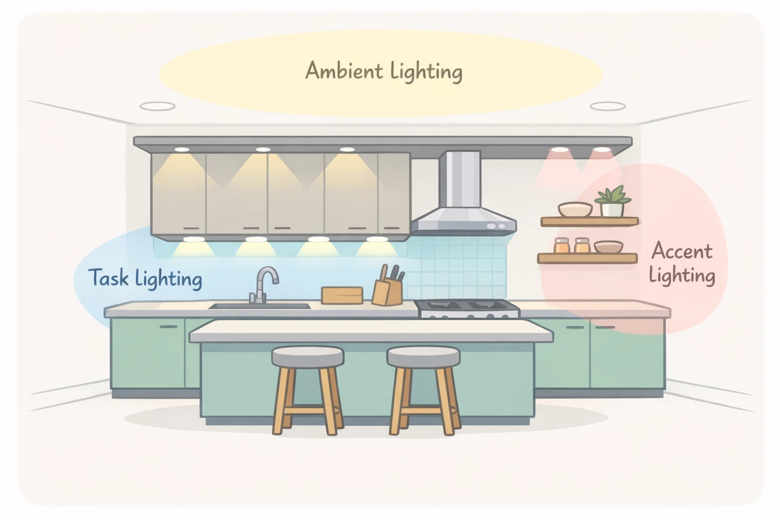 Diagram-style illustration showing layered lighting in a kitchen with an ambient pendant, task light over counters and sink, and hidden under-cabinet accent lighting for depth