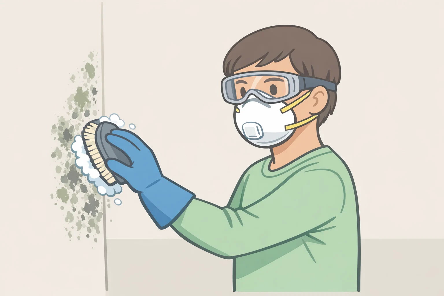 Illustration of a person wearing gloves, goggles, and an N-95 respirator cleaning mold from closet shelving with detergent and water