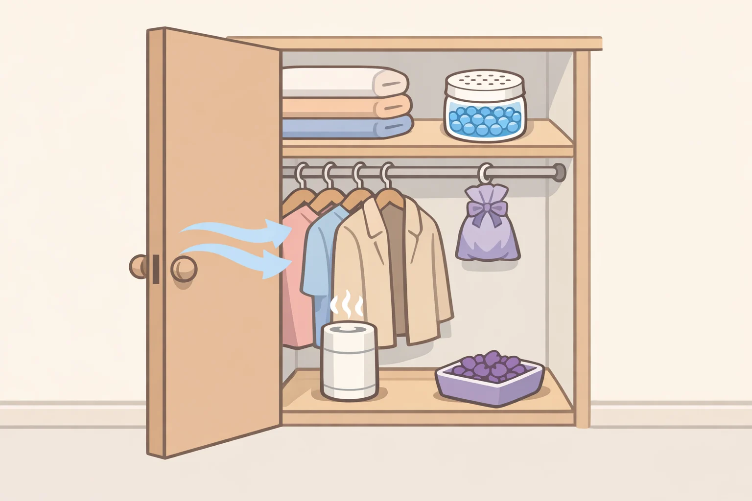 Illustration showing a closet door kept cracked while adding a finishing scent (like a sachet or cedar) after the closet is dry and mold-free