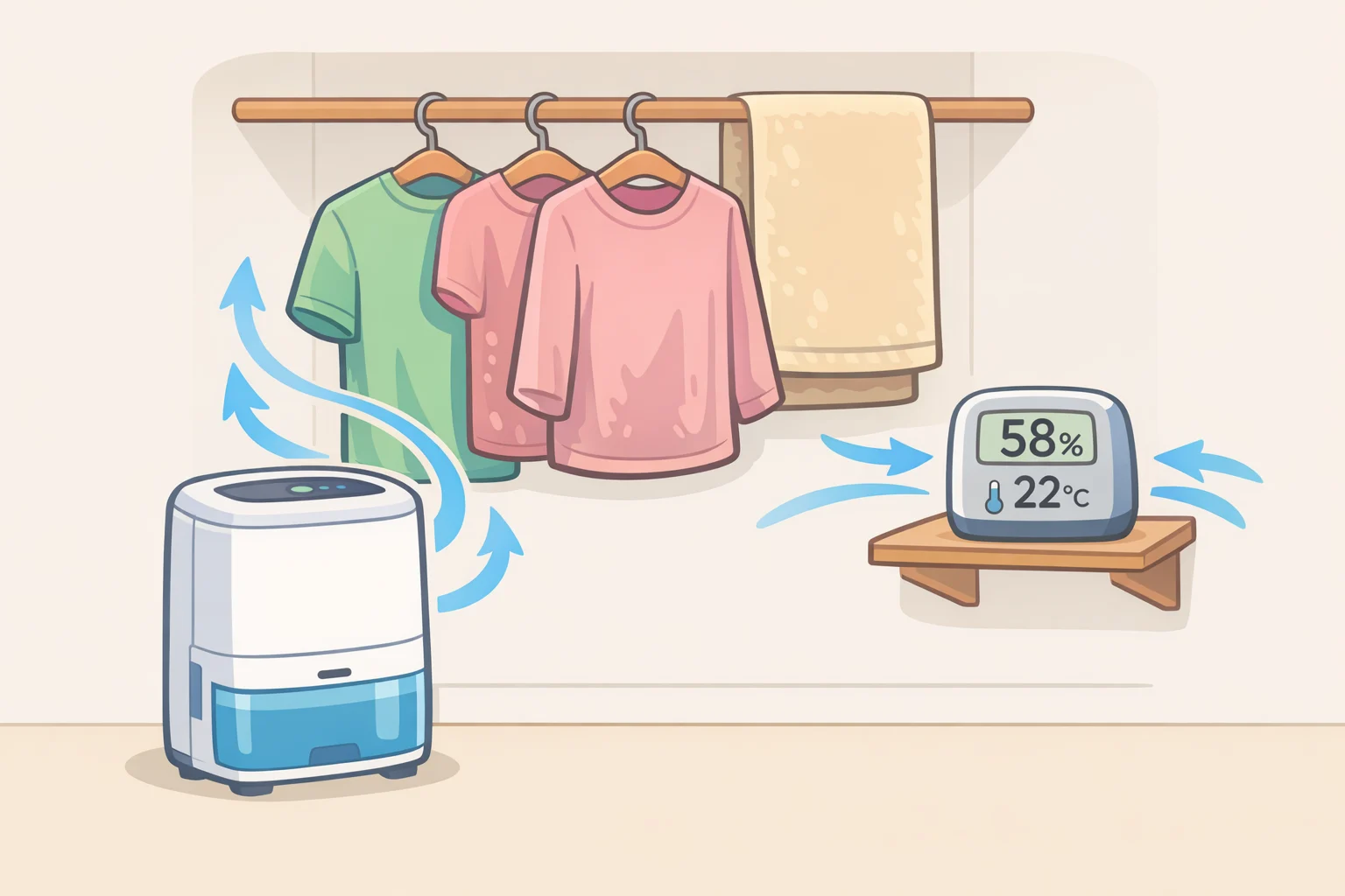Illustration of a closet drying setup with a dehumidifier, a fan, and a hygrometer reading humidity to support how to keep your closet smelling fresh