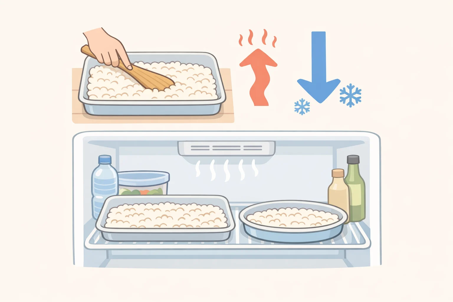 Illustration of cooked rice spread into shallow containers and placed directly into the refrigerator to help with how to store cooked rice safely, including a warning about not leaving it at room temperature