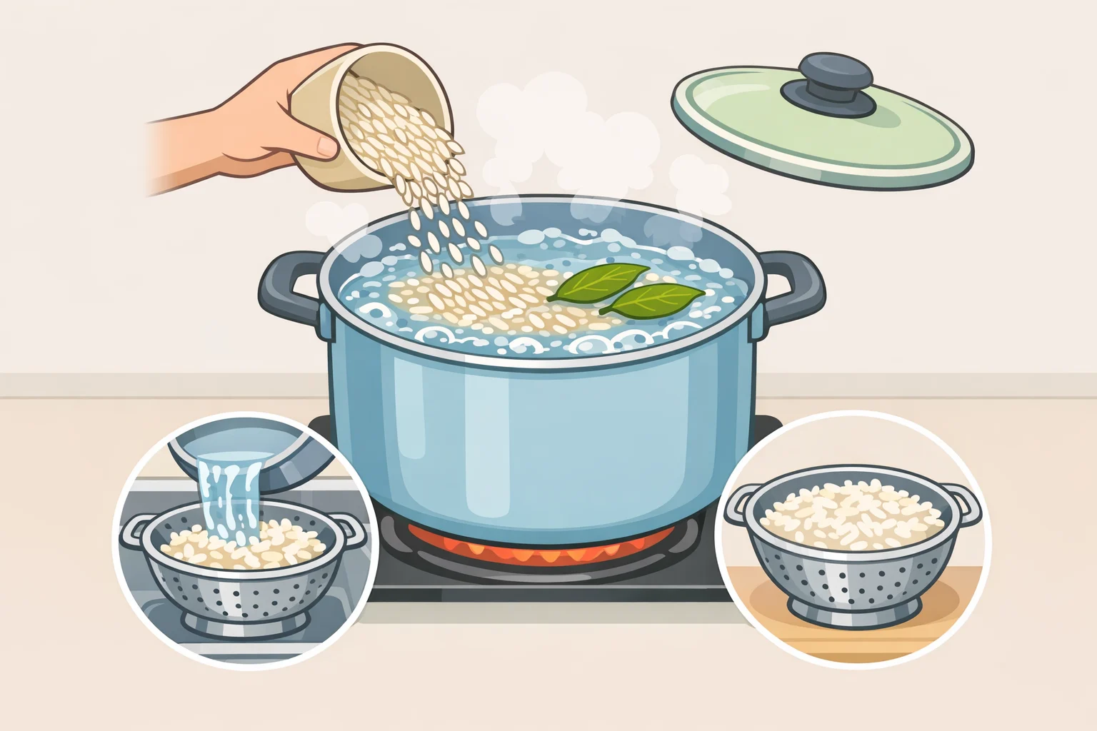 Illustration of long-grain rice and bay leaves boiling in plenty of water in a large pot, showing the boil-and-drain approach from the Greek lemon rice method