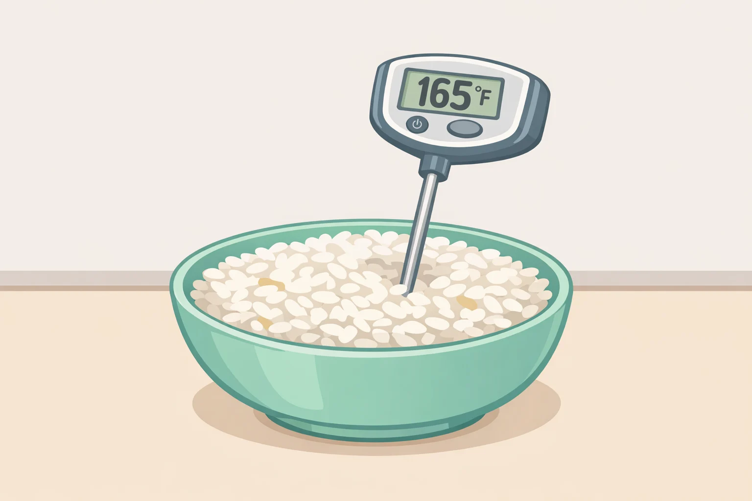 Illustration of a microwave or stovetop reheated bowl of rice with a thermometer probe showing 165°F for 15 seconds before eating