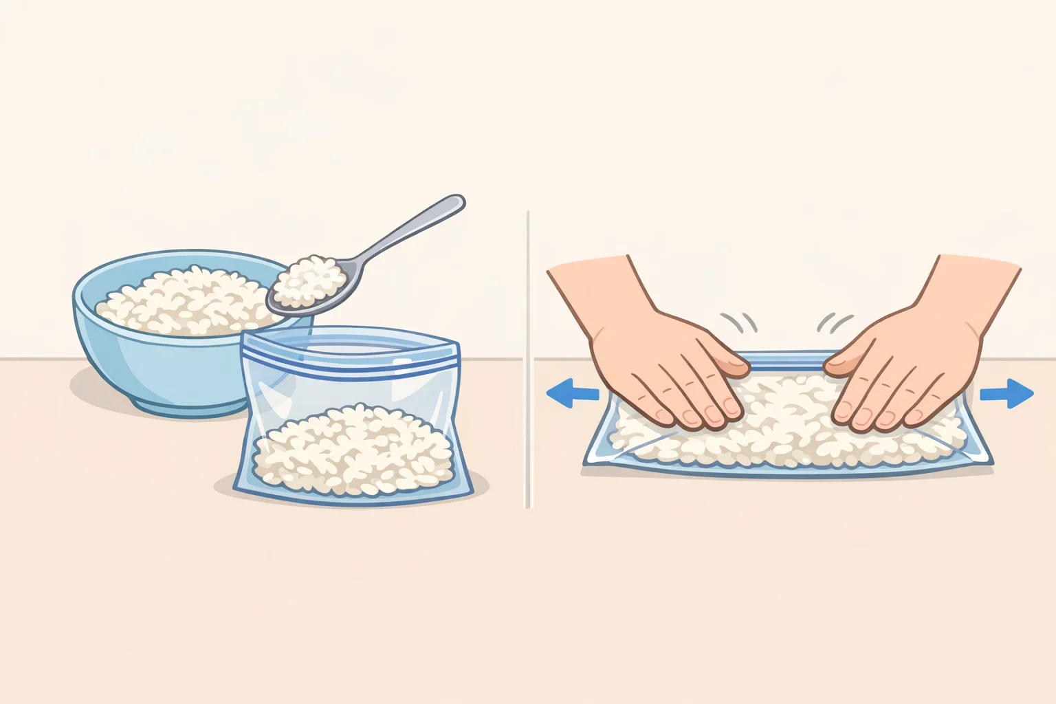 Illustration of a freezer-safe bag or container filled with cooled cooked rice, with excess air pressed out and labeled for later thawing and reheating