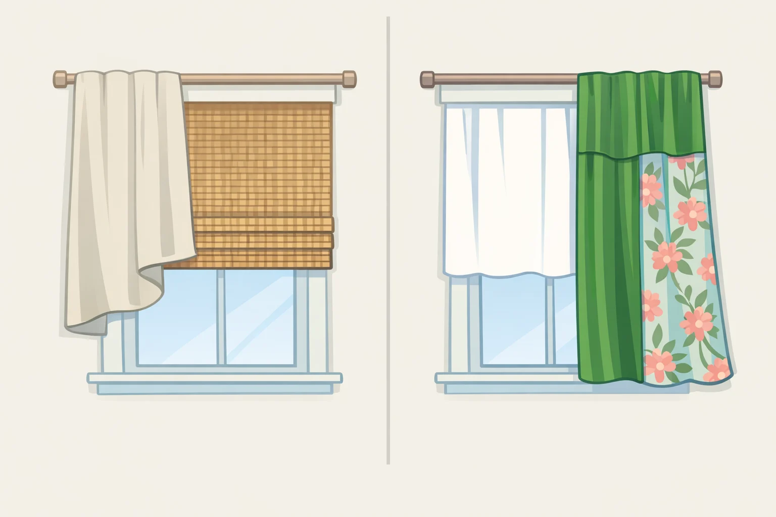 Illustration comparing two layered window pairings: woven bamboo shade with airy linen drape and cotton under heavier velvet or patterned fabric