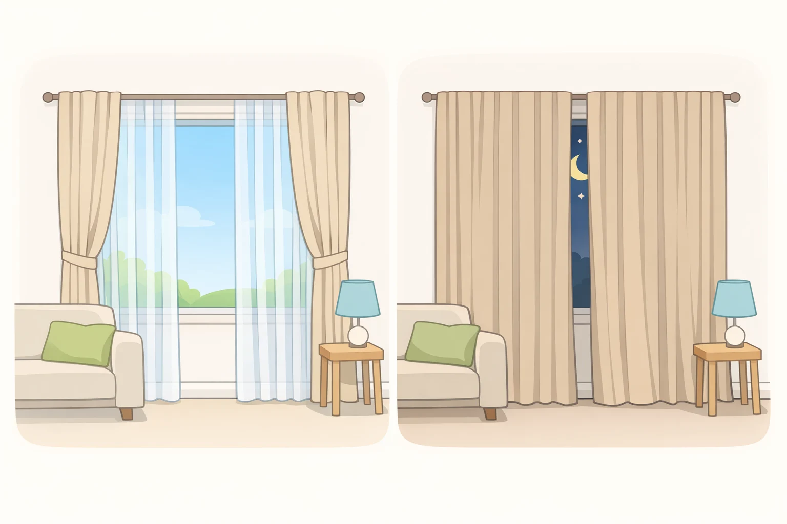 Illustration of a window with layered drapery trend styling: sheer layer for daytime light and heavier curtain layer pulled closed for nighttime privacy