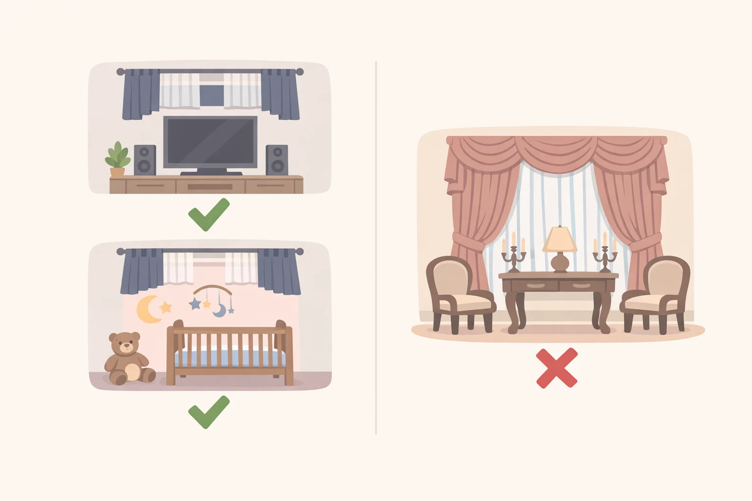 Illustration showing a media room and nursery with layered window treatments while highlighting the risk of stiff, overly formal results from heavy pleated layers