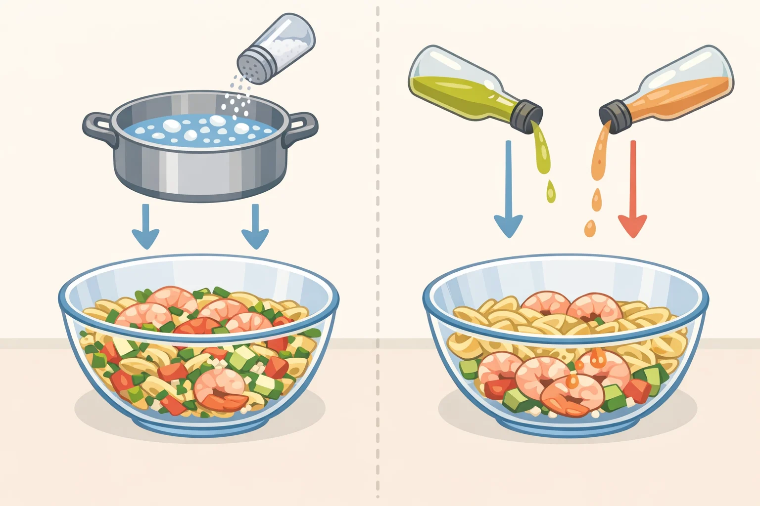 Side-by-side view of shrimp macaroni salad showing Old Bay flavor built into the macaroni and shrimp during cooking rather than relying on dressing alone