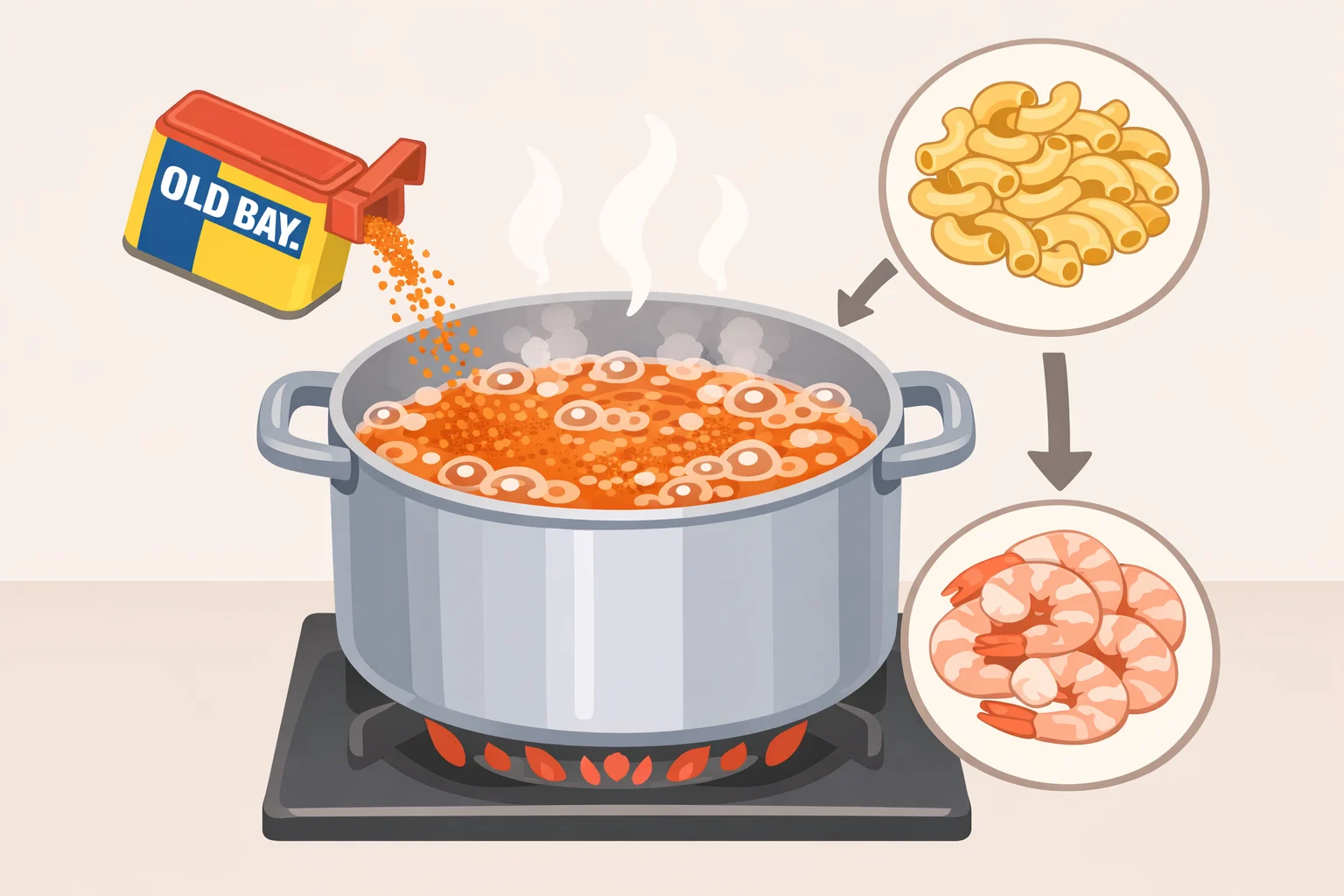 Close-up of a large pot of boiling water with Old Bay seasoning, illustrating the start of the shrimp macaroni salad recipe method