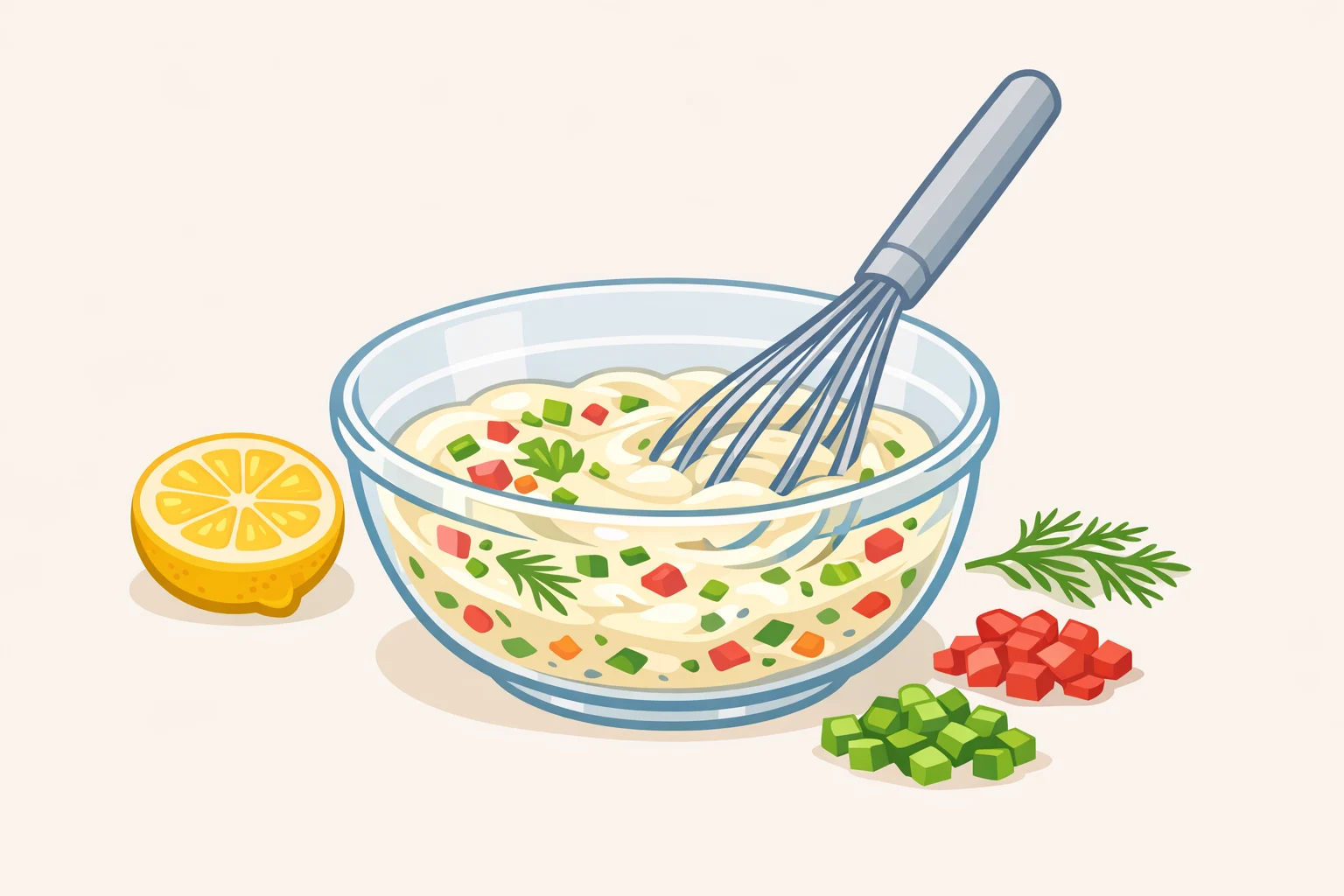 Mixing bowl with creamy mayonnaise dressing, lemon zest and juice, chopped scallions and celery, and fresh dill ready to coat macaroni and shrimp