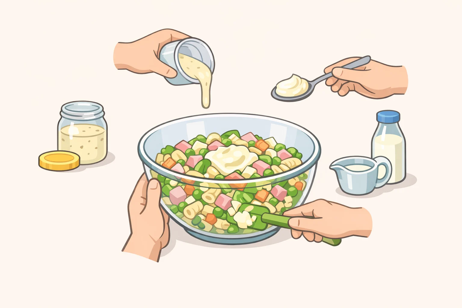 Old Bay shrimp macaroni salad recipe refreshed after chilling, with a spoon folding reserved dressing into the bowl to keep the salad creamy