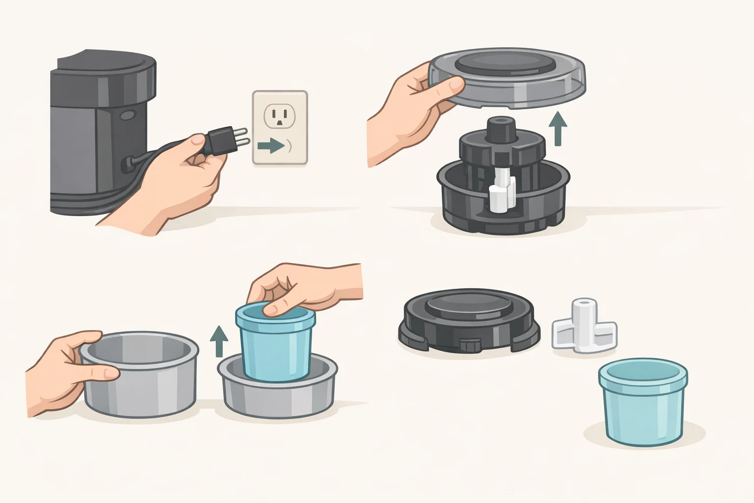 Illustration showing a Ninja Creami unplugged and the lid, paddle, outer bowl, and pint separated and staged for cleaning