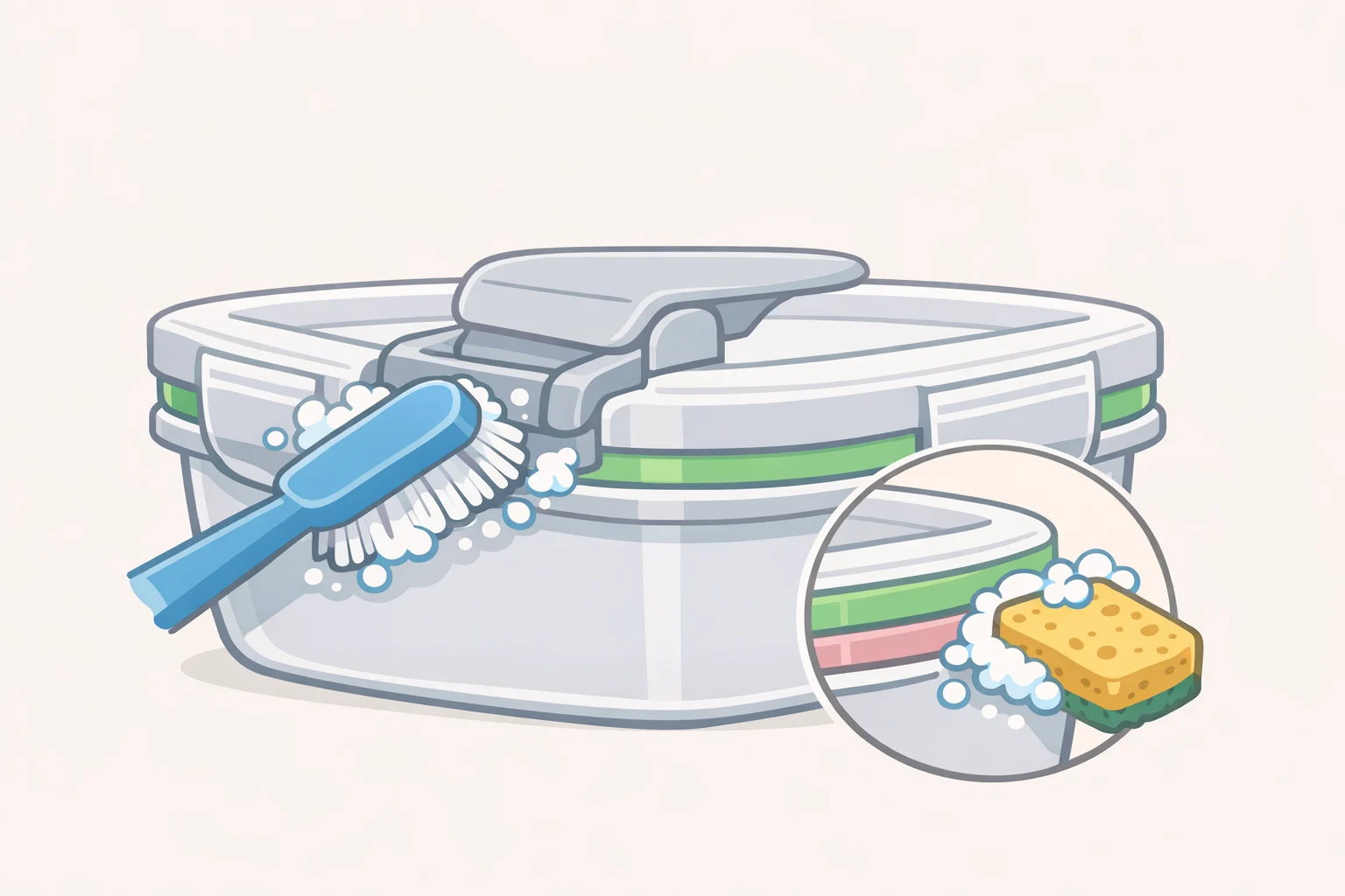 Illustration of a Ninja Creami lid with a small brush reaching the paddle-release area and locking mechanism seals for thorough cleaning