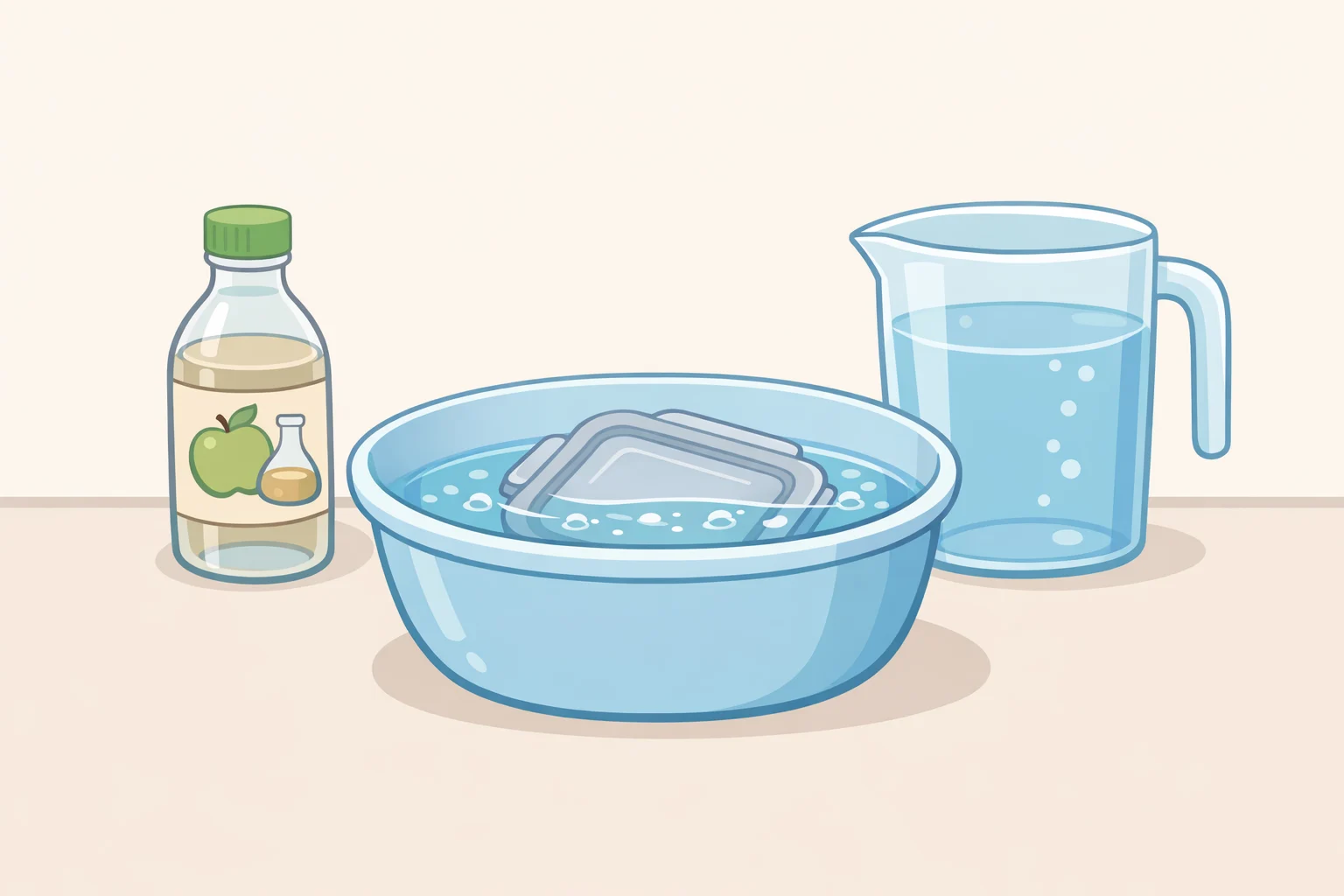 Illustration of the Ninja Creami container and lid soaking in a 1:1 vinegar-and-water mix to loosen lingering odors before rinsing and washing