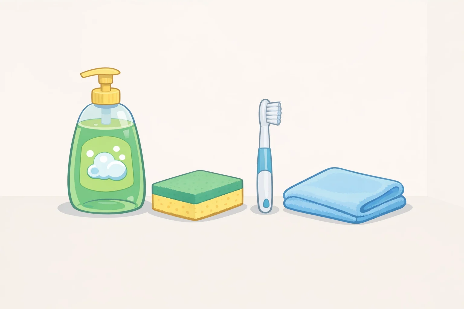 Illustration of the cleaning supplies for how to clean a Ninja Creami: warm soapy water, a soft non-abrasive sponge, a small brush for seals, and a damp microfiber cloth for the base