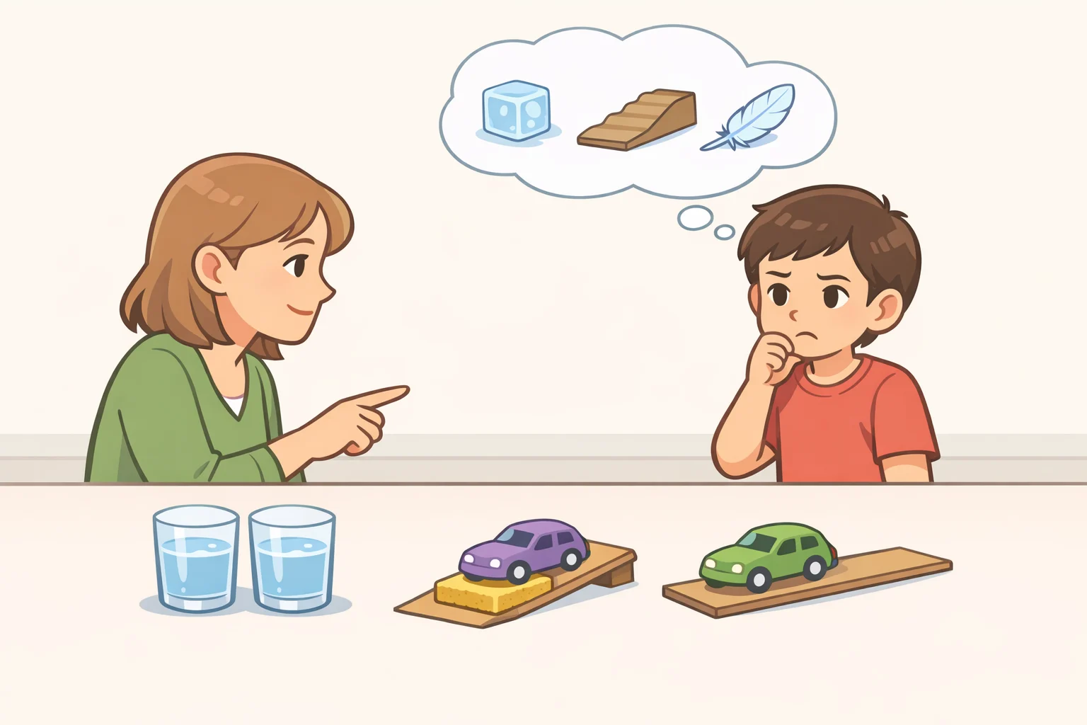 Illustration of a caregiver gently pausing an experiment and using a checklist to ensure only one variable changes before continuing the inquiry