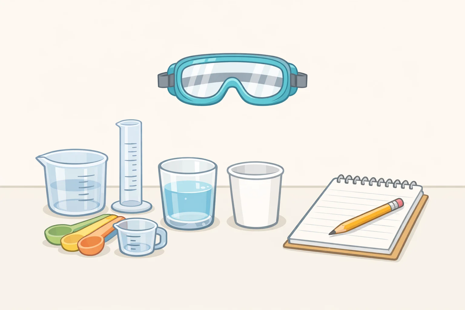 Photo-style illustration of how to teach inquiry-based science to kids using low-hazard kitchen-cabinet materials—two clear cups with a taped ruler, baking soda and vinegar, measuring spoons, a lab notebook, and eye protection laid out