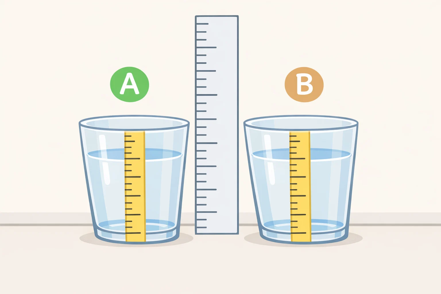 Illustration of two identical clear cups set side-by-side, each with a masking-tape measuring strip marked in half-inch or centimeter increments for recording foam height