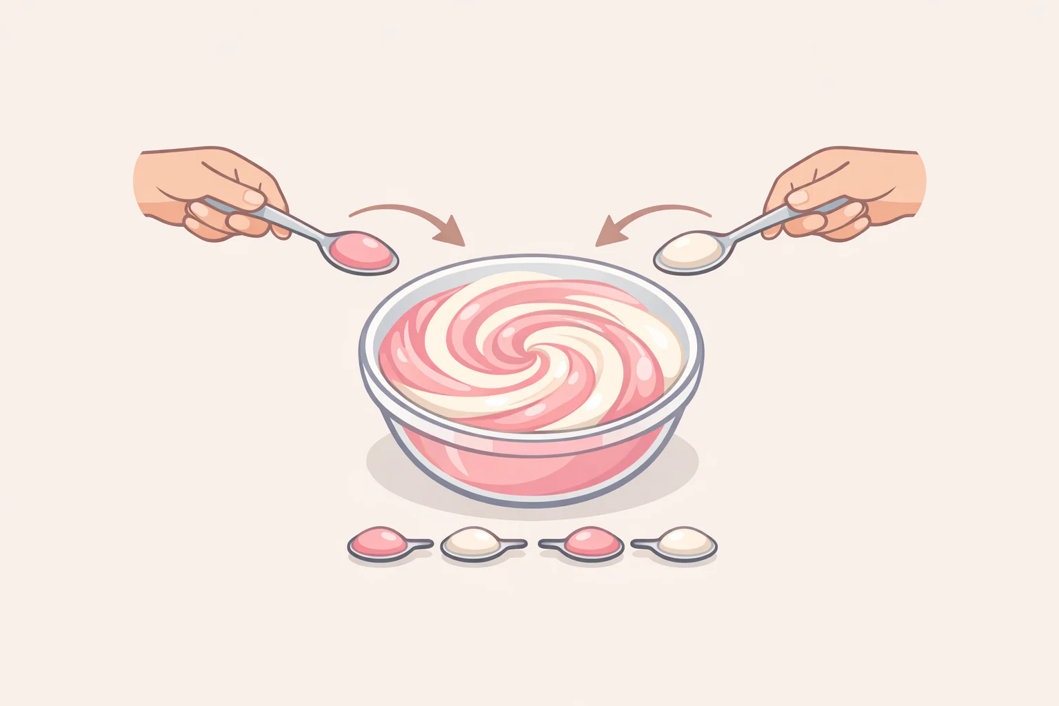 Close-up illustration of alternating spoonfuls of condensed milk base and Nutella mixture inside a popsicle mold to create a swirl