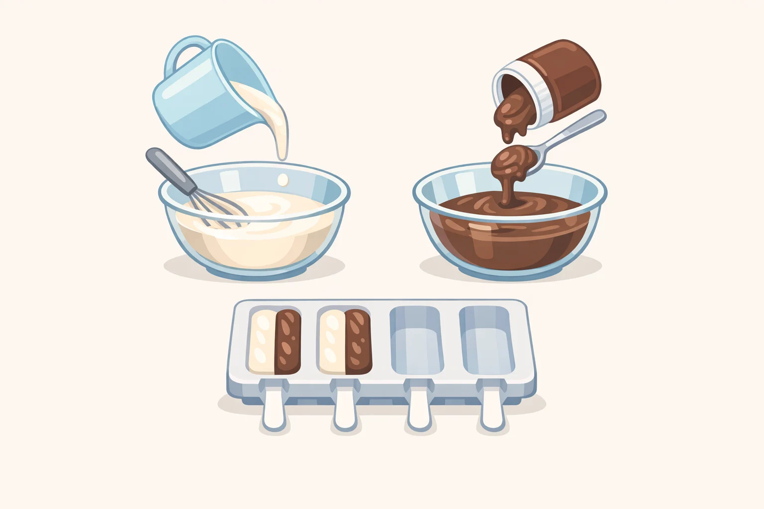 Two mixing bowls and filled popsicle molds ready for a Nutella popsicles recipe, with sweetened condensed milk base and Nutella cream mixture side-by-side