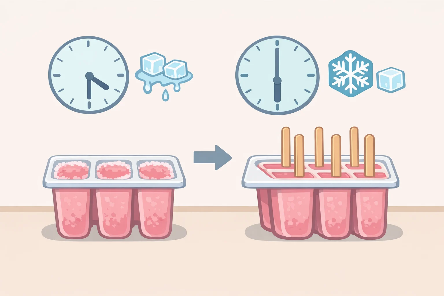 A timeline-style illustration of Nutella popsicles in molds: first freeze until slightly set, then stick insertion in the center, then freezing until fully firm