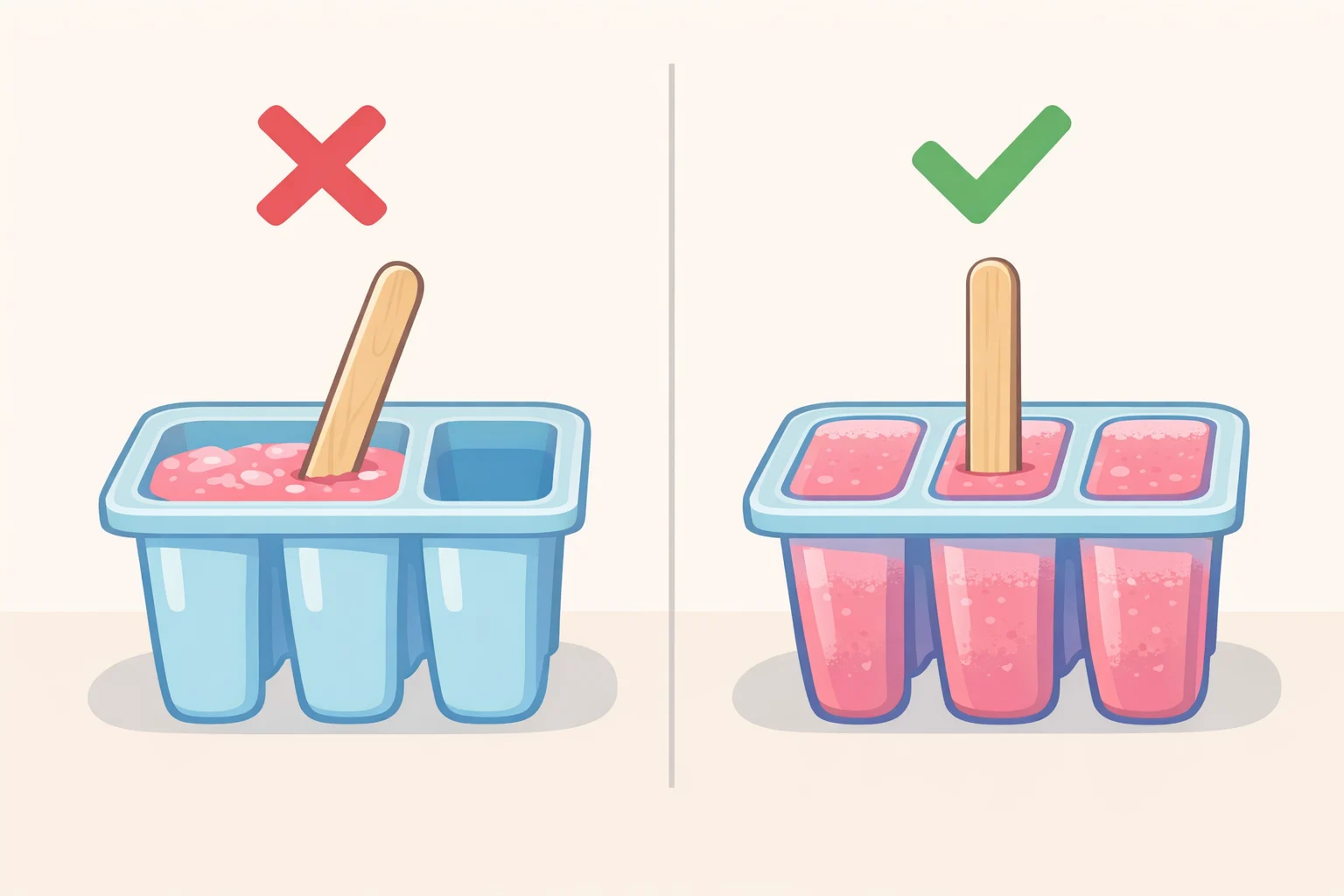 Illustration of a popsicle mold where the stick is leaning because the mixture wasn’t frozen slightly set yet, with an arrow indicating inserting sticks only after about one hour