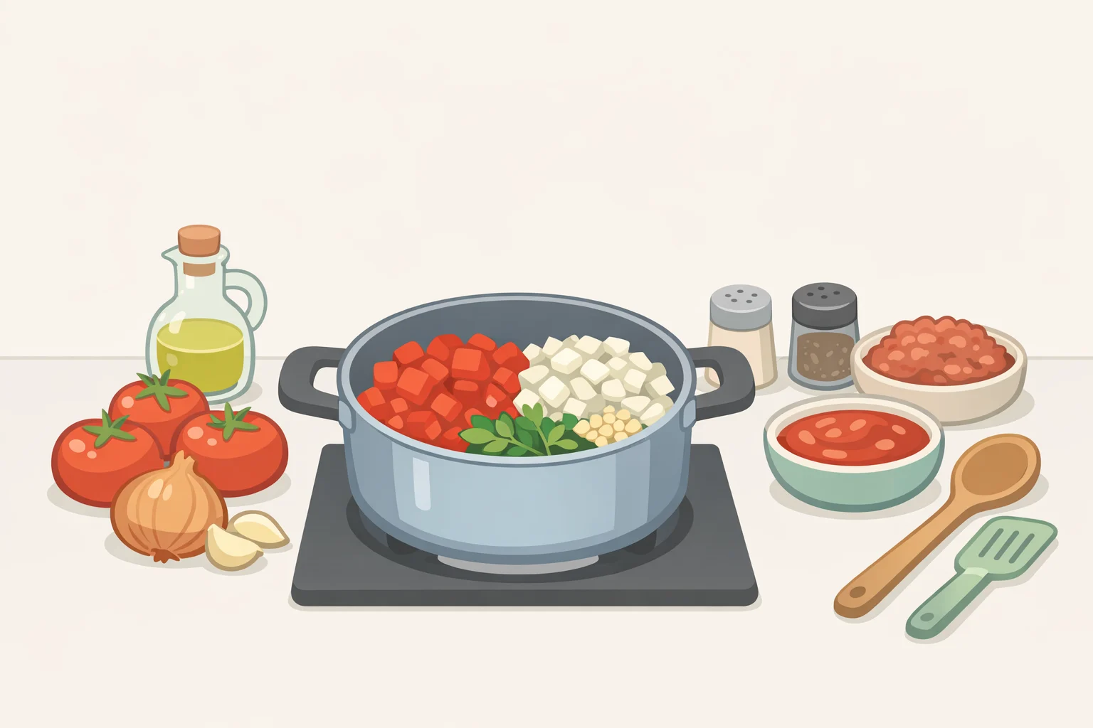 A medium saucepan with olive oil, chopped onion, minced garlic, dried basil, and a wooden spoon ready to make the classic homemade spaghetti sauce recipe meat sauce