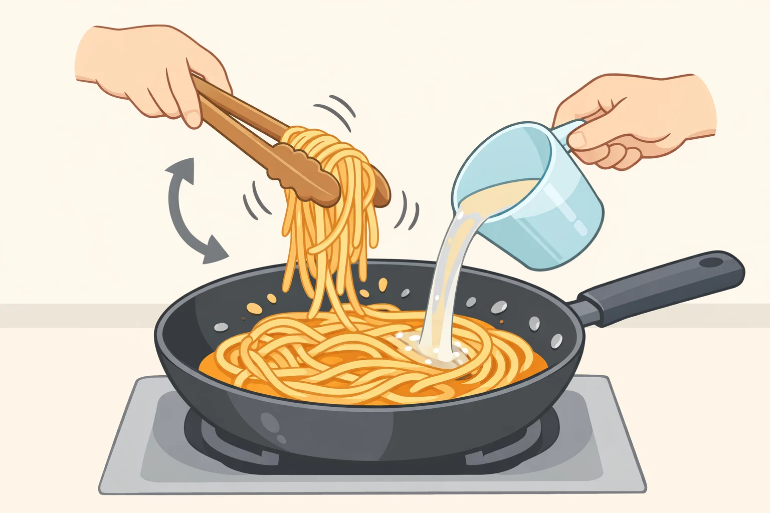 Spaghetti being tossed in a pot with sauce and reserved starchy pasta water until the noodles have a glossy, clinging coating instead of pooling