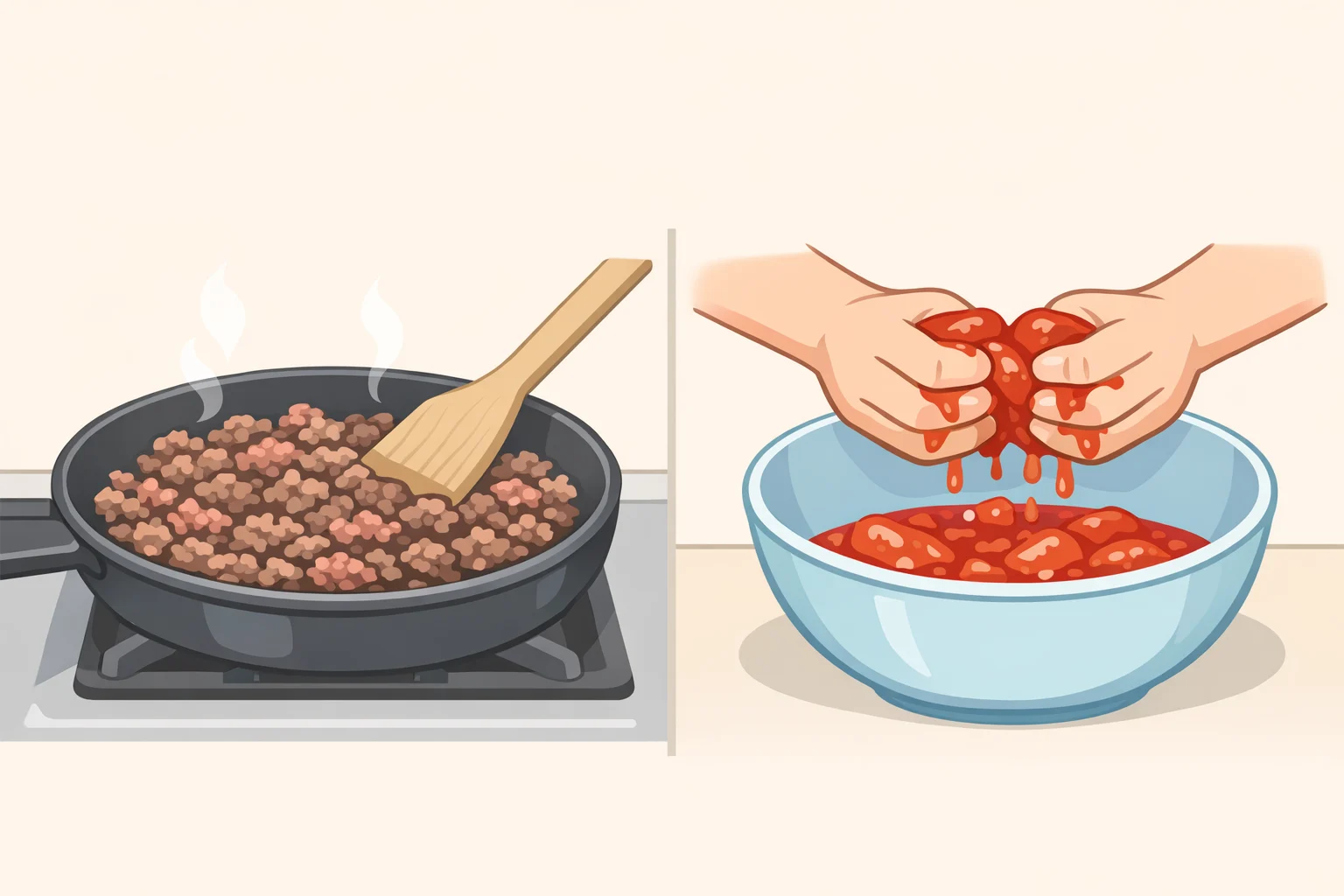 Close-up of ground beef browning in a skillet next to a bowl where whole peeled tomatoes are being hand-crushed for the homemade meat sauce
