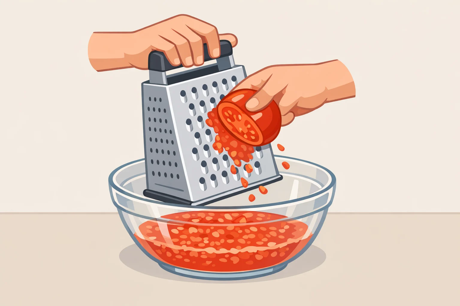 A box grater over a bowl with ripe tomatoes being grated until only the flattened skin remains, for a quick fresh-tomato spaghetti sauce
