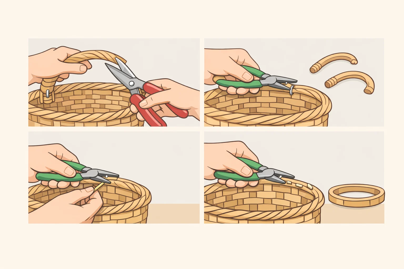 Close-up illustration of cutting off thrifted basket handles and pulling the remaining vertical reeds with needle-nose pliers to create a smooth, handle-free rim