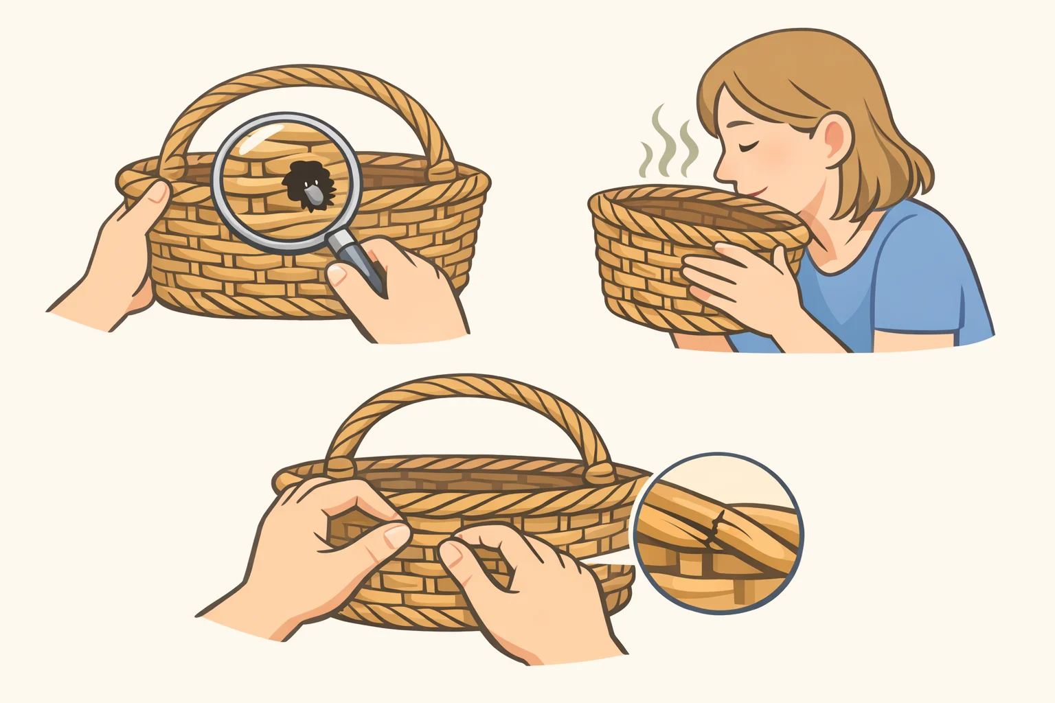 Illustration of someone examining a thrifted under-bed storage basket for musty odor, small pest holes in the weave, and cracked reeds before cleaning