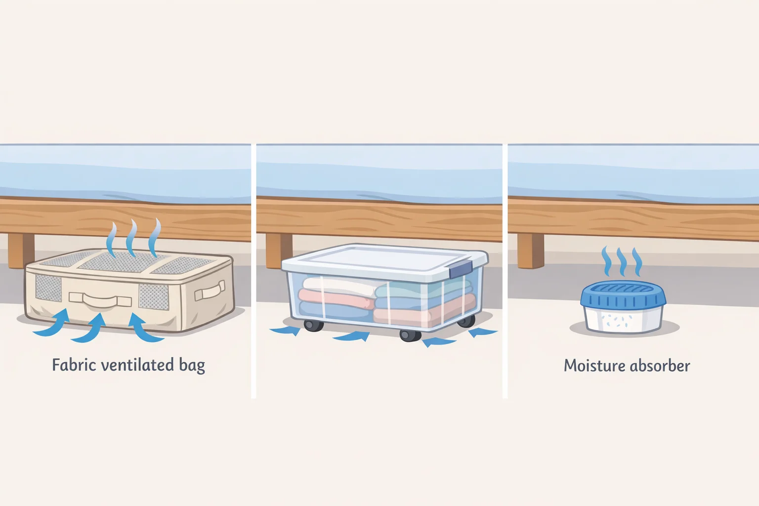 Diagram of safer under-bed storage choices—fabric ventilated bags versus wheeled clear bins—with notes on airflow and where to use a moisture absorber in thrifted under-bed storage ideas