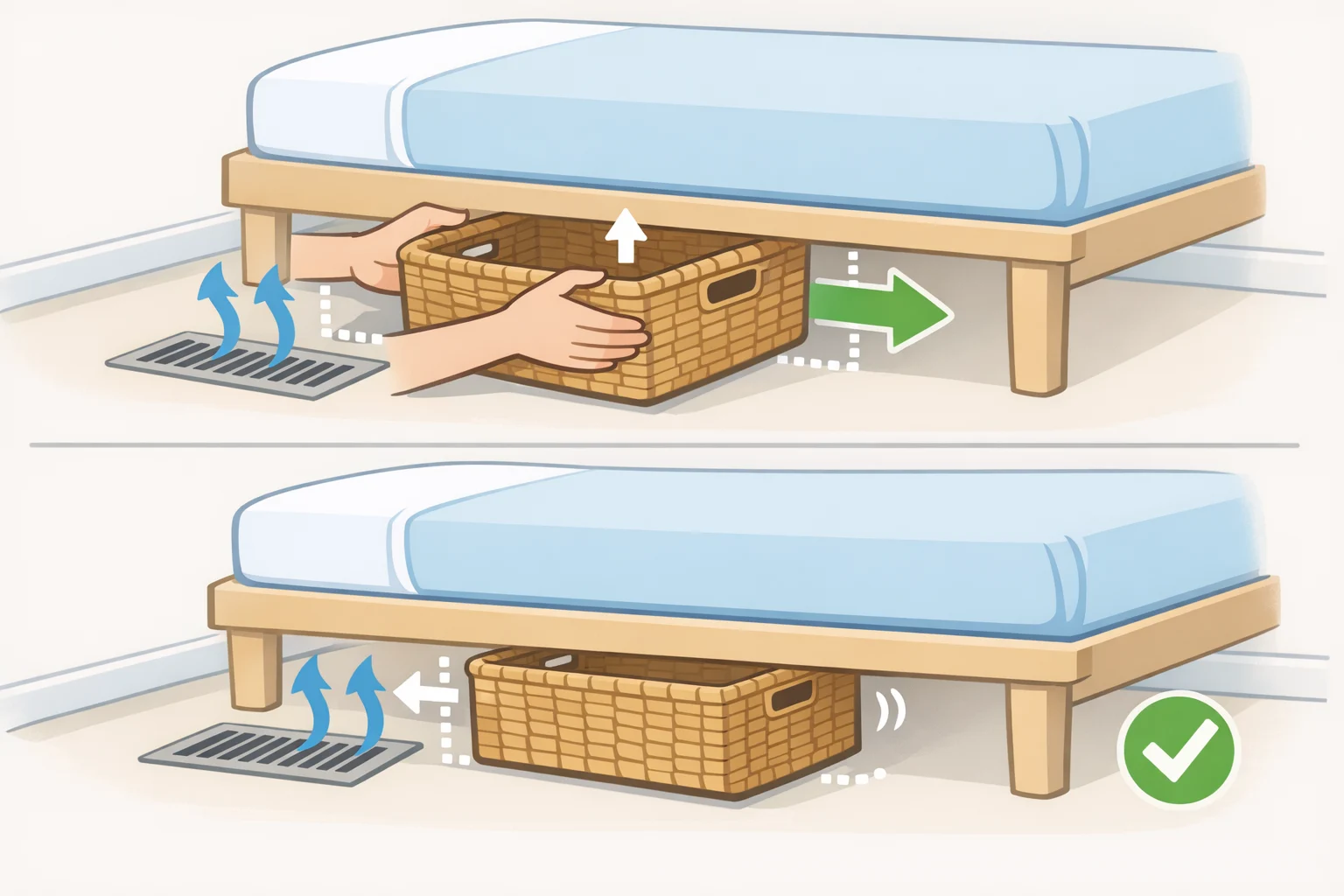 Illustration of a handle-free basket slid under a bed with a few inches of clearance around vents, laid liner protection under it, and the empty fit checked before loading