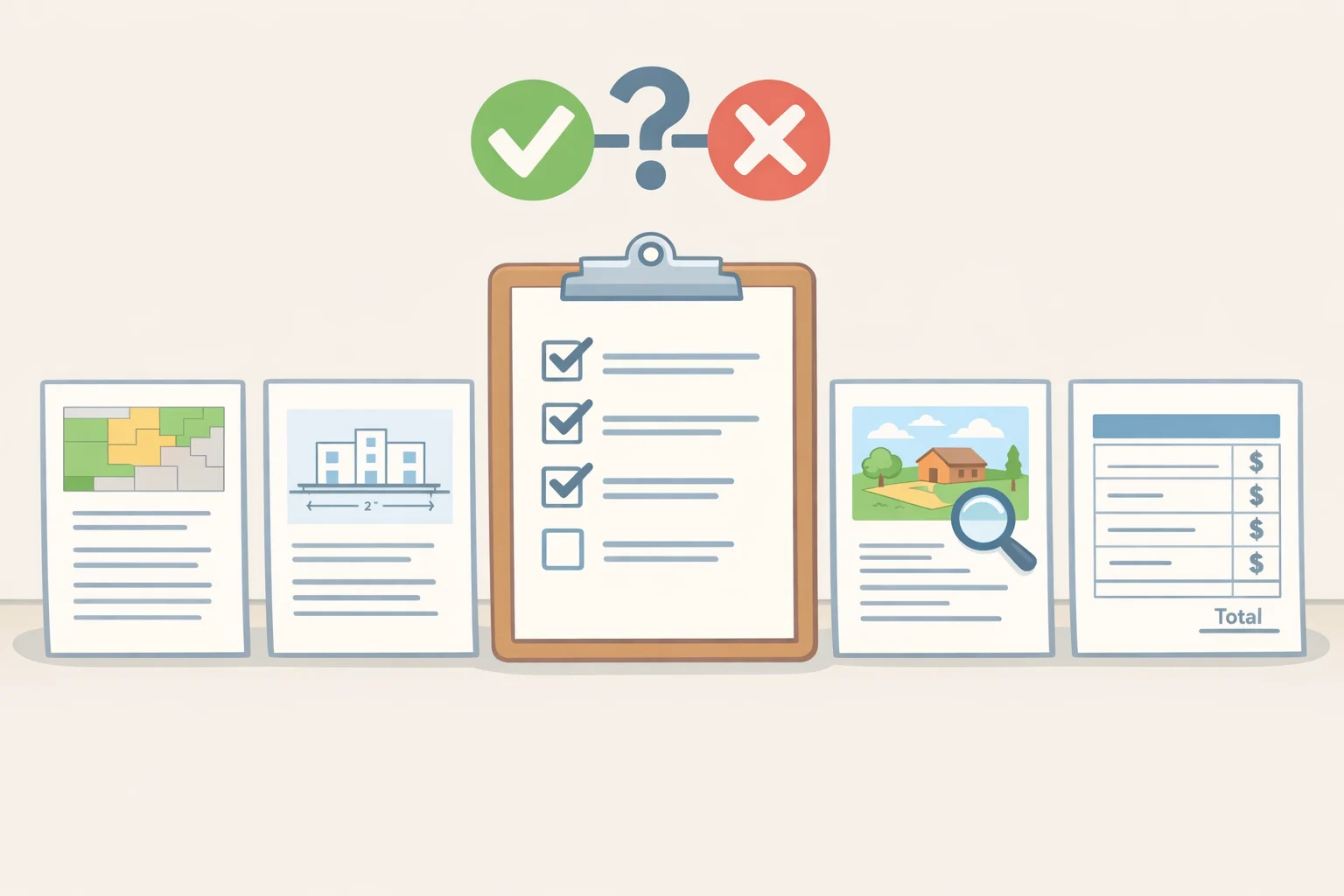 Infographic showing the five required documents (zoning approval, seller specs, health/build/fire checklist, contractor site assessment, and delivered-and-installed quote) used to decide whether an Amazon prefab coffee shop can legally open