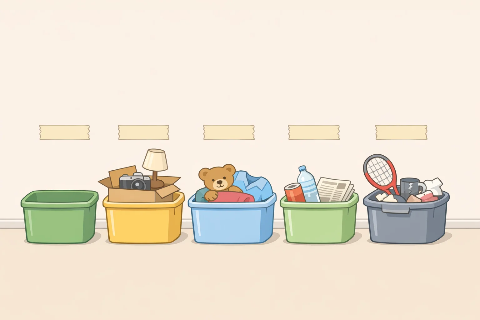 A set of labeled bins and trash bags for keep, sell, donate, recycle, and junk removal, plus a sealed bag set aside for chemicals, batteries, and medicines as part of how to declutter before moving